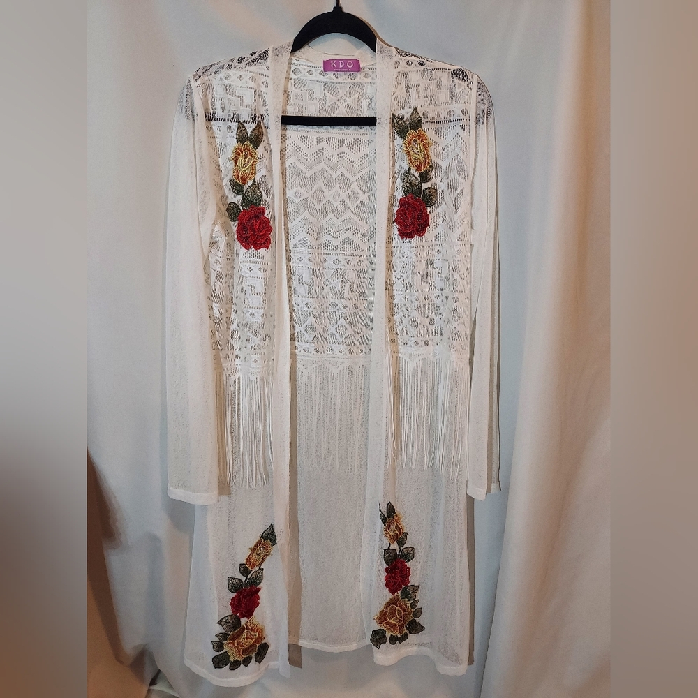 White Sheer Boho Western Kimono with Floral Embroidery and Fringe